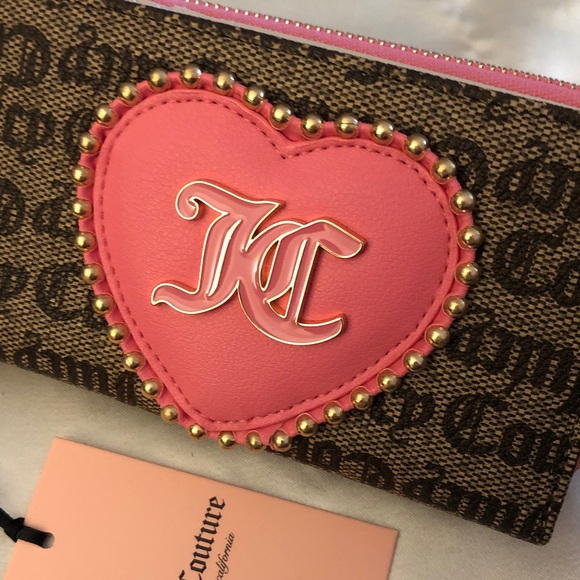 Juicy Couture Taupe Dark Brown Love Never Dies Bifold Wallet Studded Heart NWT - Picture 15 of 16